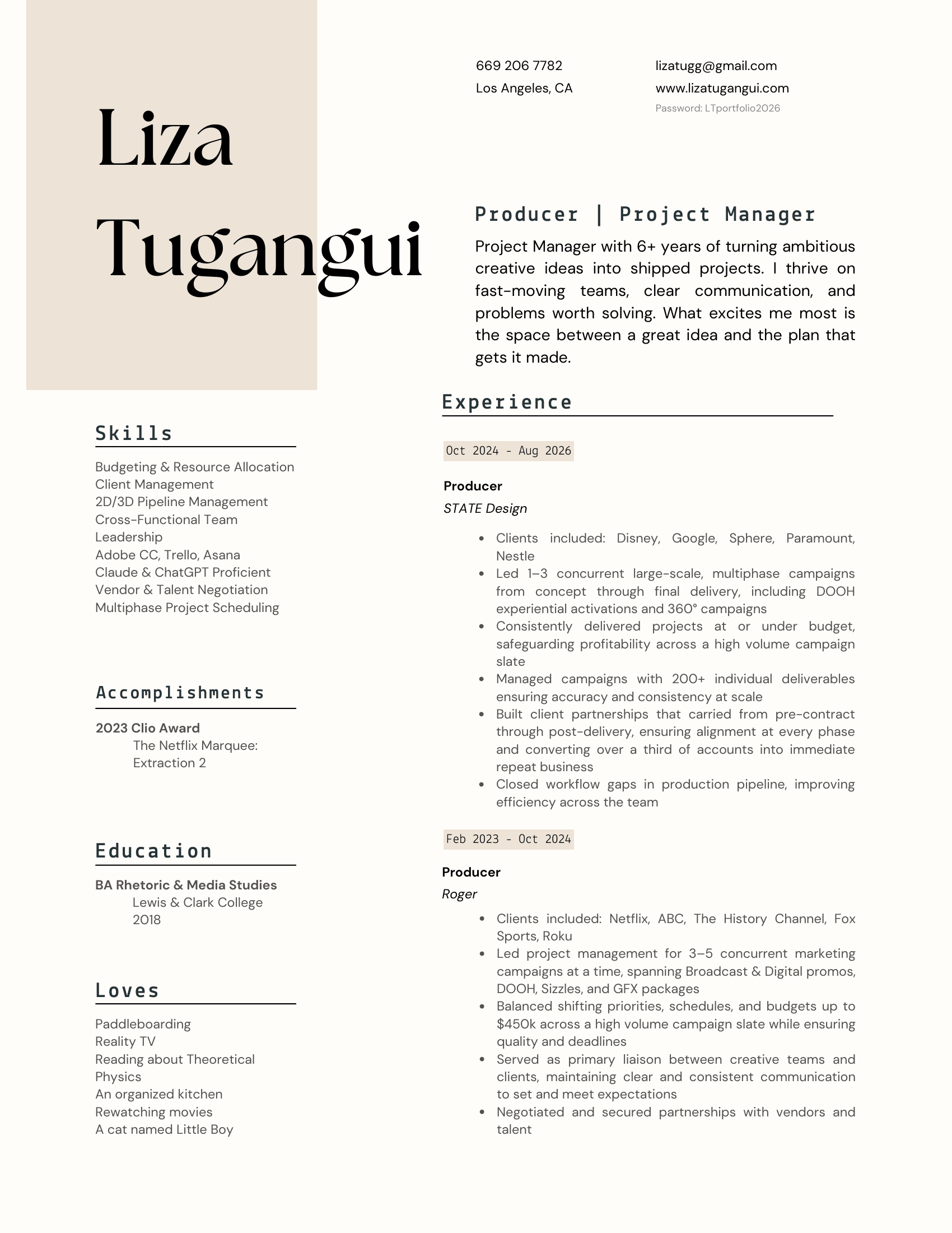 2026 Liza Tugangui Resume Page 1